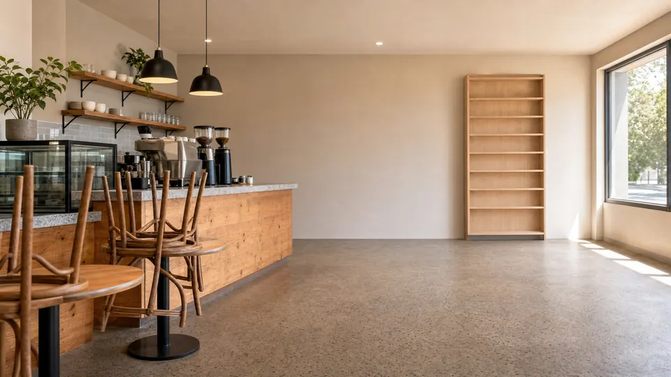 The interior of a small cafe before opening, with chairs still up on the tables