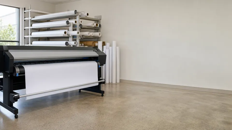 A wide-format roll printer loaded with blank media in a print workshop